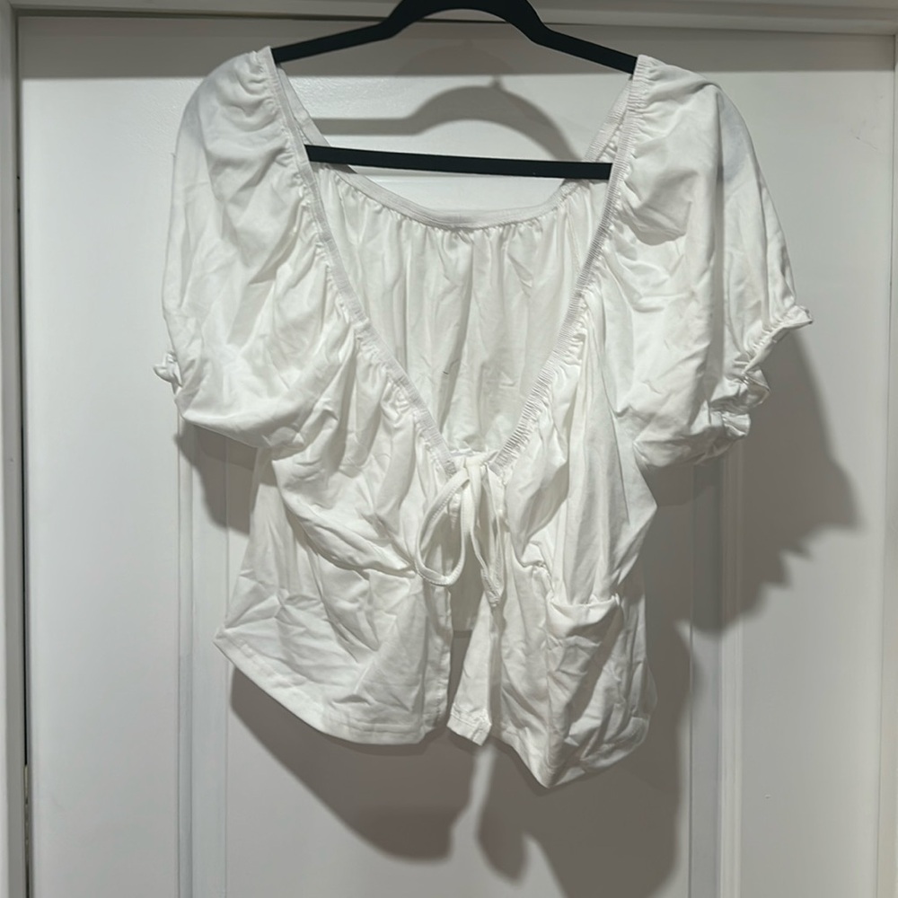 SHEIN EZwear Plus Tie Front Puff Sleeve Crop Top
